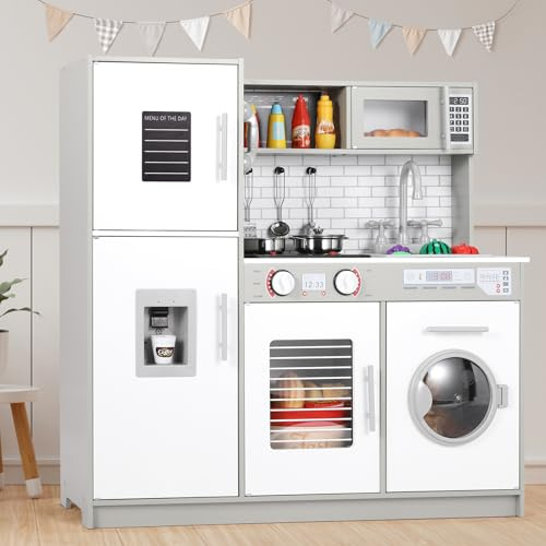 MAMIZO Play Kitchen for Kids, Wooden Chef Pretend Toy Kitchen w/Washing Machine, Water Dispenser, Stove, Real Sound & Light, Telephone, Range Hood, Oven, Sink for Toddler Preschooler Age 3+ (Gray)