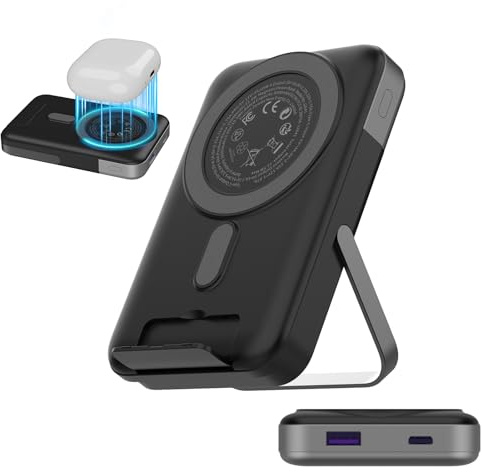 Nobis 10000mAh Magnetisk Powerbank, Portabel Trådlös Laddare med dubbel vikbar stöd och LED-display för Mag-Safe Batteripack, Snabbladdning PD 22,5W Type-C In&Out för Phone 16 S25