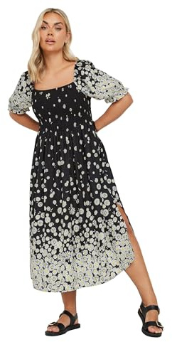 Yours Curve Daisy Print Shirred Midi Dress - Women's - Plus Size Curve Black