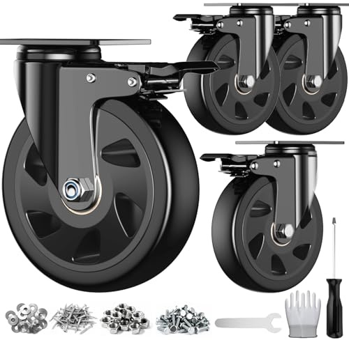5 inch Heavy Duty Casters Wheels, Caster Set of 4 Load 2400lbs with Brake, Locking Swivel Plate Caster, Industrial Castor Wheels for Carts,Furniture and Workbench(Free Screws and Spanner)