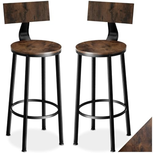 tectake® Taburete con Respaldo, Taburete Alto Cocina con Estructura de Acero, Taburetes Madera para Isla Cocina Resistentes, Sillas de Comedor - Set de 2 Madera Industrial Oscura, Rústica