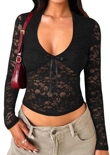 Matunana Womens Long Sleeve Going Out Tops Lace V Neck Mesh Crop Shirts Sexy Sheer Cute Y2K Fall Trendy Winter Outfits 2026 Black