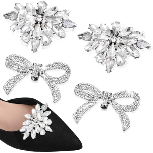 XLIUAX 4 Pcs Rhinestone Shoe Clips for Women Dress Shoes, Fashion Crystal Heel Clip Decorative Bow Shoe Charms Detachable Buckles DIY Craft for Birthday Party Wedding Halloween Christmas New Year