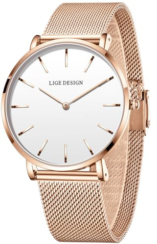 LIGE Uhr Damen, Analog Quarz Armbanduhr Damen, Edelstahl Wasserdicht, Damenuhren Fur klassischen Modischen Schlicht Stil, Rosa