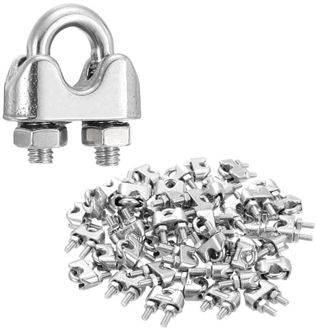 sourcing map 48 abrazaderas de clip de cable de cuerda de alambre de 5/32 pulgadas M4 pequeñas 304 de acero inoxidable 304 para aparejos seguros, tendedero, color plateado
