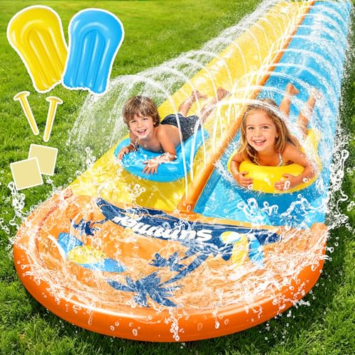 JONRRYIN 950cm Scivolo ad Acqua, 155cm Doppio Scivolo ad Acqua Doppio con irrigatore, 2 Bodyboards Giocattolo Estivo per Giardino e Spiaggia