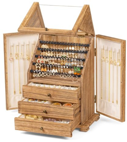 amoard Schmuckkasten Organizer, rustikale Holzschmuckkästen für Damen, 4 Ebenen Schmuck Organizer Schmuckbox mit Schubladen Präsentationshalter, Halsketten, Ringe und Armbänder (Braun)