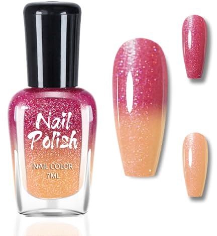 Färgändrande nagellack – röd orange glitter temperaturkontrollerat nagellack med färgförändringseffekt – 7 ml långvarig snabbtorkande nagelpolering, ingen UV-färglack för nagelkonst gör-det-själv