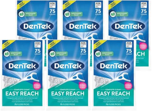 DenTek Complete Clean Easy Reach Floss Picks, Advanced Fluoride Coating, Mouthwash Blast Flavor, 75 ct. (Pack of 6)