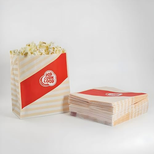 Popcornloop ® Popcorntüten M 50 Stück Popcorn Box Tüten Candy Bar Tüte Hochzeit Papier Süßigkeiten Boxen für Party Papier Behälter Rot Weiß Beige Gestreift Snackbox Geschenk Kinder 50 Stück