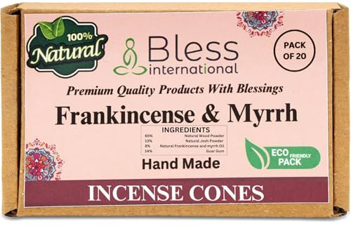 Bless International Frankincense-and-Myrrh 100%-Natural-Incense-Cones Handmade-Hand-Dipped Organic-Chemicals-Free for-Purification-Relaxation-Positivity-Yoga-Meditation The-Best-scents (20 Count)