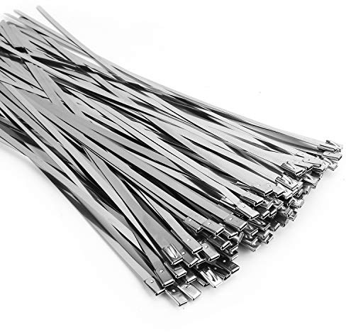 Metal Zip Ties (100PCS 11.8 Inch), 304 Stainless Steel, Heavy Duty Self-locking Cable Ties, for Exhaust Wrap, Chain Link Fence Parts, Heat Resistant Fencing Tie. for Pipe, Auto repair.