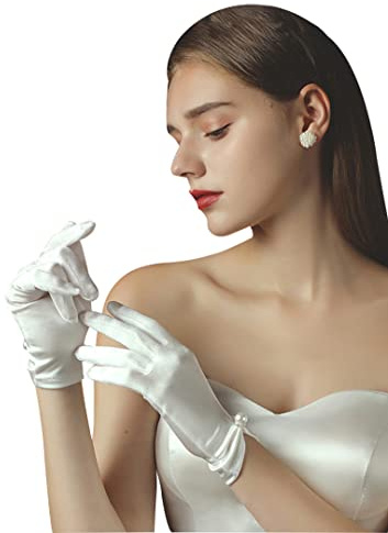QRBTSCL Women's Short Satin Gloves for Wedding Wrist Short Evening Party Dressy Bridal Satin Gloves with Pearl Ivory