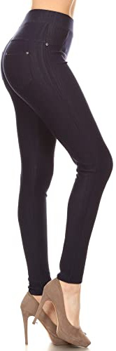 Leggings Depot Women's Cotton Blend Stretch Pull-on Jeggings Casual Pants with Pockets (Navy, Small)