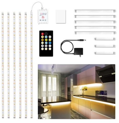 DAYBETTER Under Cabinet Lights, 6 PCS Under Cabinet Lighting with Remote, Dimmable LED Strip Lights for Bedroom, LED Lights for Kitchen Cabinet, Counter Shelf 2700K-6500K Warm to Daylight White, 9.8ft