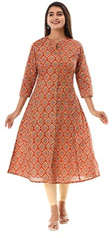 VIHAAN IMPEX Red Paisley Print Cotton Anarkali Kurti for Women Casual Indian Tunic Dress 3/4 Sleeve Clothes Womens Gifts UK