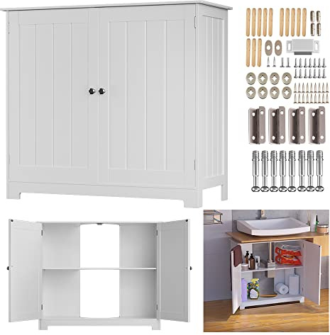 AUTOFU Armario de almacenamiento para debajo del fregadero, armario para debajo del lavabo, armario de almacenamiento, muebles de suelo, impermeable, tableros de MDF blanco, 22.75 x 11.81 x 23.62