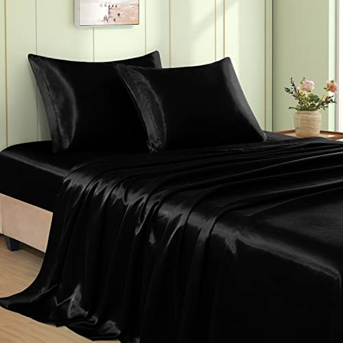 VACVELT Set di lenzuola in raso nero per letto king size, con tasca profonda 38 cm, set di biancheria da letto in morbido raso, fresco e lussuoso, 1 lenzuolo con angoli + 1 lenzuolo piano + 2 federe
