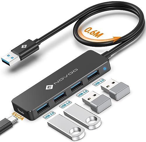 NOVOO USB C Hub 4 Puertos USB 3.0, Transferencia de Datos de 5 Gbit/s, Adaptador con 5 V/2 A Puerto de alimentación, Cable extendido de 60 cm, Concentrador para MacBook, portátil, Disco Duro móvil