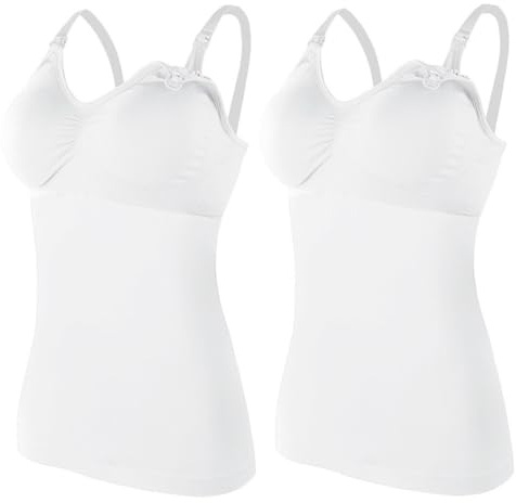 ZESLIV 2 Pezzi Top da Donna per Allattamento, Canottiera Sottoveste con Reggiseno Integrato, Reggiseno Senza Ferretti per Gravidanza, Top da Gravidanza Senza Ferretti, bianco, XL