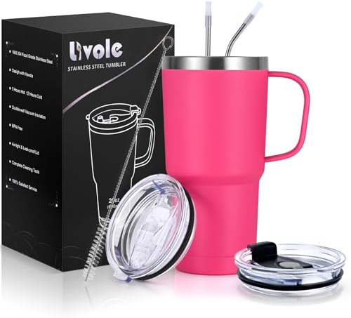 Livole Taza térmica de 600 ml con asa, taza de café al vacío, taza térmica de acero inoxidable con pajita y tapa, 20 oz de doble pared, vaso de viaje, taza de café para llevar, color rosa