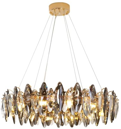 CRABOT Kristallkrona lyxig retro vintage guldhänge ljusgrå glittrande kristallblad hängande belysning för köksö vardagsrum matsal sovrum sängbord nattlampa (9 ljus)
