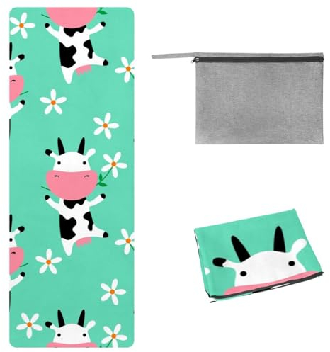 Eslifey Yoga-Handtuch, niedliches Kuh-Fressgras-Blumenmuster, rutschfest, schweißabsorbierend, Hot Yogamatte, Handtuch für Hot Yoga, Pilates und Fitness, 185 x 68 cm