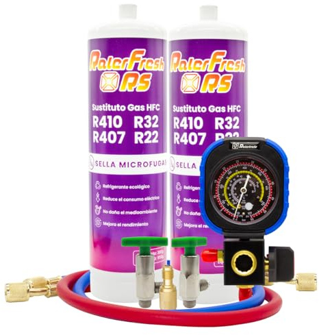 Organisches Kühlgas für Klimaanlagen Split Ralerfresh RS entspricht 950 g Gasersatz R410, R32, R407 und R22 (2 Flaschen + Manometer + Schläuche + Adapter)