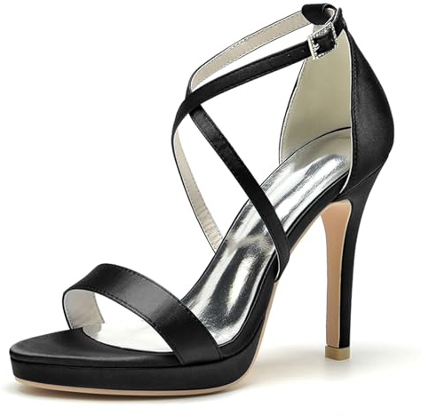 ENWIND Sandalias De Tacón Alto para Mujer Punta Abierta Elegante Tacon Fino Zapatos De Fiesta De Boda con Plataforma Y Correa Cruzada,Negro,36 EU