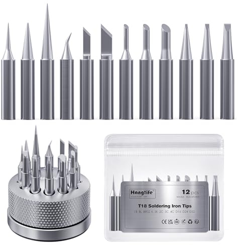 HANGLIFE T18 Soldering Iron Tips with Tip Holder for Hakko FX-888D FX-888 FX8801 FX-600, and More Soldering Stations/Guns - Replacement Solder Tips for Welding Equipment & Accessories (12 pcs)