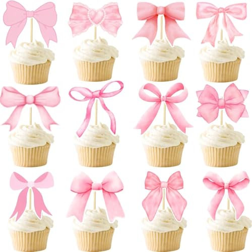 24 PCS Topper Cupcake Rose, Décoration Gâteau Rose, Cake Topper Roses, Convient pour Une Fête Avec Un Nœud Roses, Une Fête D'anniversaire Rosen, Une Fêtes D'anniversaire De Fille (A)