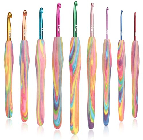 Reessy Rainbow Crochet Hooks Set, 9Pcs Warm Crochet Hook with Soft Grip for Arthritic Hands, 2.0mm-6.0mm Ergonomic Crochet Hooks Sets for Beginners and Experienced Crochet Lover