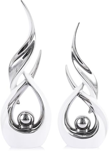 Juego de 2 estatuas abstractas de cerámica dorada, arte abstracto moderno de mediados de siglo, decoración del hogar, repisa de chimenea en un estante único, divisor de mueble de TV (Blanco Plata)