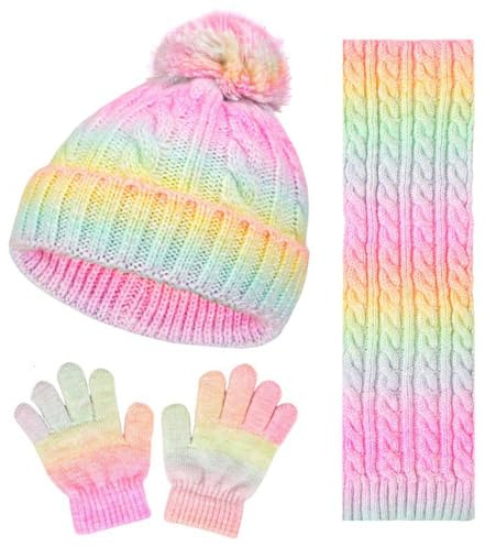 Kunyeah Toddler Beanie Hat Scarf Gloves Set Kids Knitted Mitten Fleece Lined Cap Neck Warmer for Boy Girl 3-10 Years (Scarf, Pink-yellow)