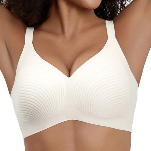 PQK Wireless Push Up Bra Non Wired Support Bras for Women Seamless Push Up Bra Comfort T-Shirt Bras Full Coverage Support and Lift with Bra Extender Beige
