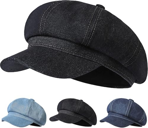 Initlove Womens Newsboy Cap Denim Octagonal Hats Vintage Beret Cabbie Hat Black