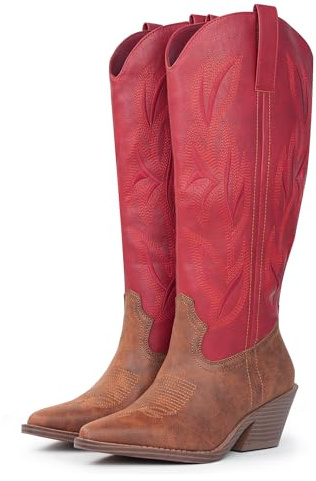 Hawkwell Bottes de Cowboy pour Femme Hautes – Santiags à Talon Bloc avec Broderies – Bottes Western en Simili Cuir avec Fermeture Éclair, Style Rétro Country