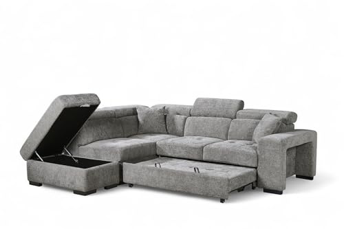 Chenille Grey L Shaped Corner Sofa Bed with Storage Ottoman, Adjustable Headrests and 2x Foot Stools - Durable Fabric Modular Sectional Pull Out Sofa Bed 4 Seater with Black Metal Feet - LEFT HAND