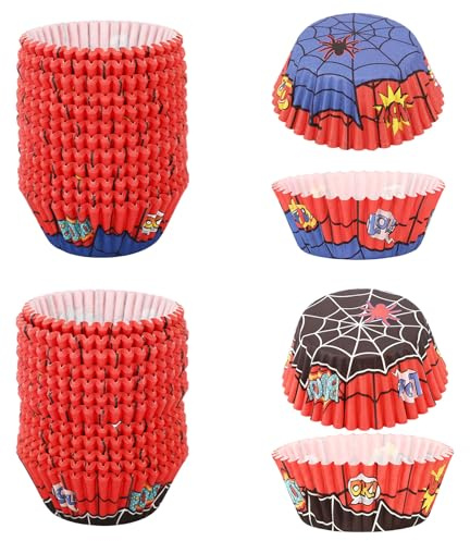 300pz Pirottini per Cupcake di Ragnatela, Pirottini di Carta Rossi e Blu a Tema Cartone Animato per Feste Compleanno a Tema Ragno Cupcake Muffin Gelato Dessert Decorazione