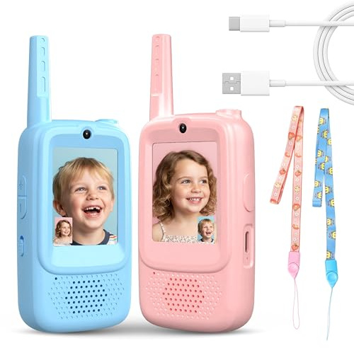 2PCS Video Walkie Talkies for Kids, Rechargeable Walkie Talkies with Camera & Voice Changer, Educational Toys for Children (Pink+Blue)