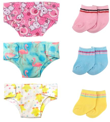 3 Doll Diapers 3 Doll Socks for Baby Dolls 35-43 cm 6 Pcs Cute Doll Accessories, Reusable Doll Diaper Socks for 14-17 Dolls, 3 Different Patterns and Styles, Gifts for Children