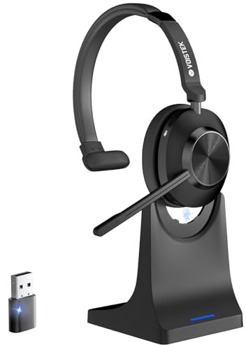 Voistek Auriculares Inalámbricos Bluetooth con Micrófono y Cancelación de Ruido, Dongle USB para PC, Botón de Silencio, Base de Carga, Ideales para Oficina, Reunión, Zoom, Call Center, Ordenador