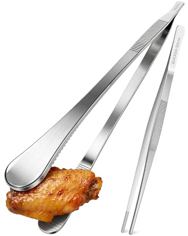 Acual Kitchen Tweezers Tongs 2pcs, Long 304 Stainless Steel Tweezers Tongs Straight Tweezers Multipurpose Tweezer Food Tongs Stainless Steel Steak Clip BBQ Long Tweezer Tongsg, Grilling and Baking
