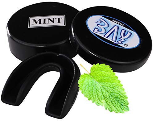BAY MINZ AROMA ZAHNSCHUTZ, Farbe SCHWARZ für Erwachsene & Jugendliche, mit Hygiene BOX Dose, CE, Sport Mundschutz, Zahnschützer, Mundschützer, Senioren ab ca. -13 Jahre, Mint Pfefferminz Boxen Kampfsport Eishockey Handball Wasserbad Allround