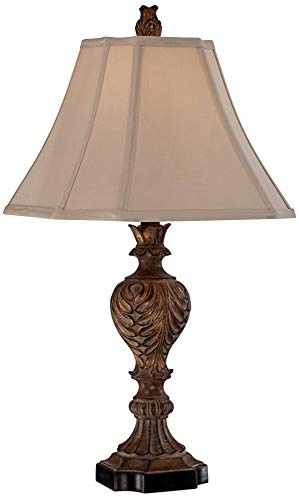 Regency Hill Regio Traditional Urn-Shaped Table Lamp 25.5 High Aged Brown Carved Acanthus Leaf Tan Sheer Fabric Square Bell Shade for Living Room Bedroom House Bedside Nightstand Home