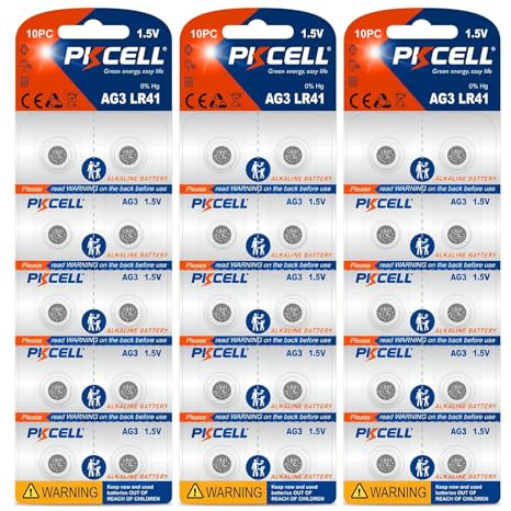 PKCELL LR41 AG3 Alkaliska knappbatterier, set med 30 st | Perfekt för laserpenna termometer leksaksklocka