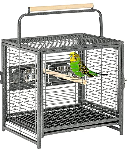 Pawhut Metal Parrot Cage Bird Carrier Travel Wooden Perch Cup Holder Handle Black