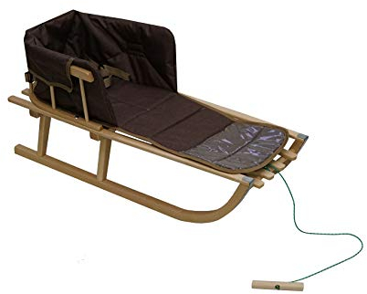 Holzschlitten für Kinder mit Rückenlehne Rodelschlitten Davoser Schlitten aus Holz mit einem Sicherheitsgurt, Rückenlehne und Matratze (Natur/braunes Leinen)