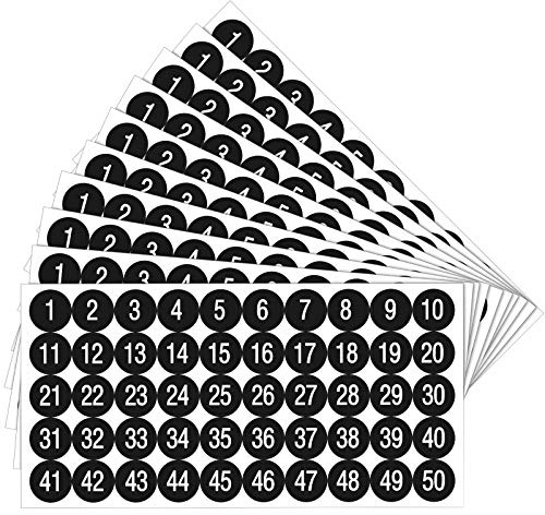 10 Hojas Pegatinas de Números 1 a 50 Calcomanía Autoadhesiva Consecutiva de Vinilo Etiquetas Impermeables de Inventario (Negro, 1 Pulgada)