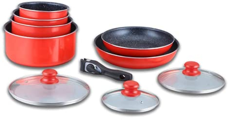 Pentole Herzberg - Set di pentole - Set per induzione - Pentole e padelle per tutti i tipi di piano cottura - Set di cottura rivestito in pietra con manico rimovibile, HG-5000, rosso